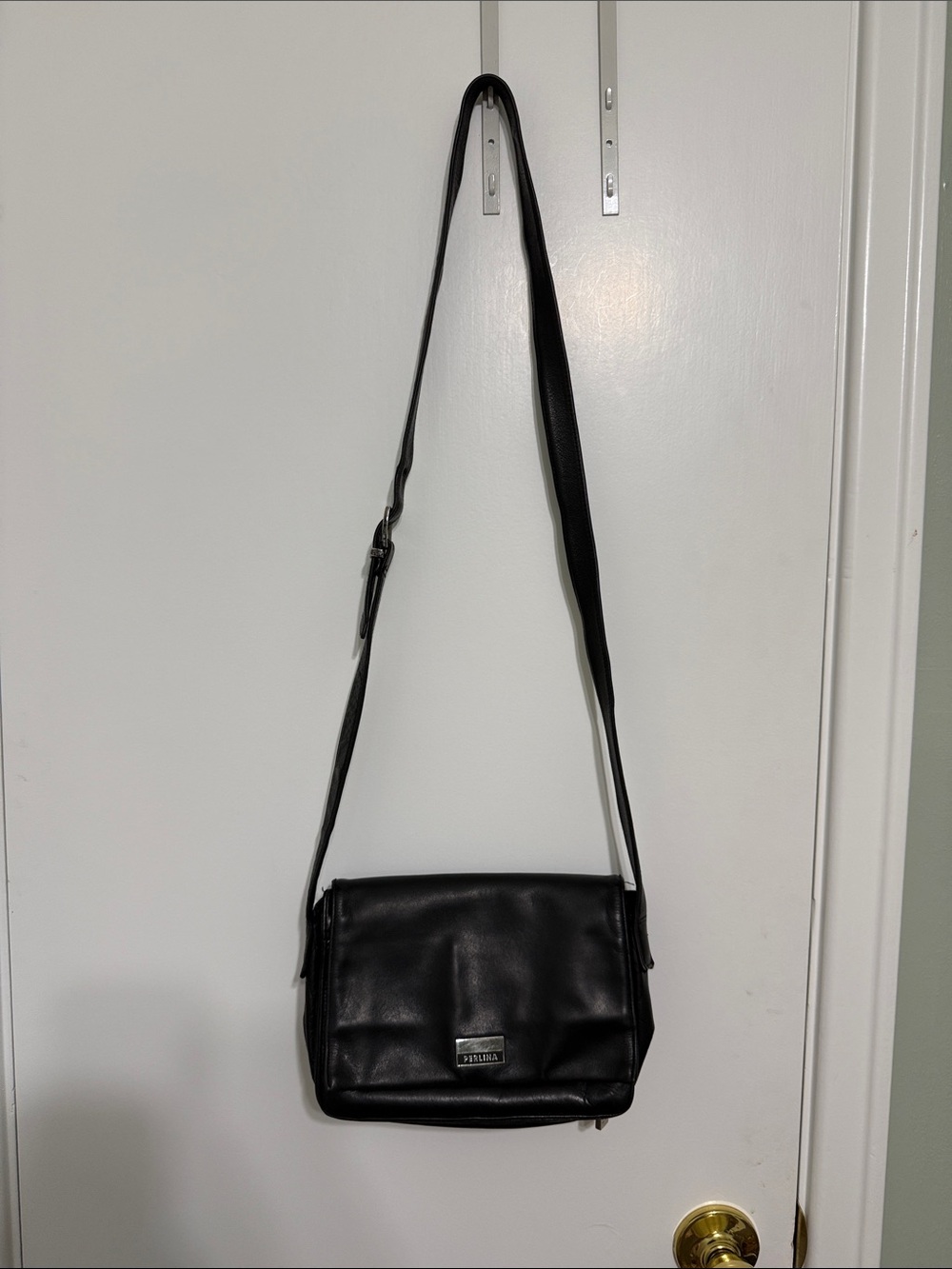 Perlina Black Leather Crossbody Bag